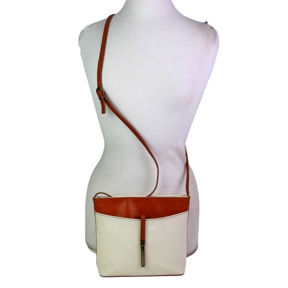 Borse in Pelle WHITE GENUINE LEATHER BROWN TRIM ZIP X-BODY SHOULDER BAG HANDBAG - Picture 2 of 16